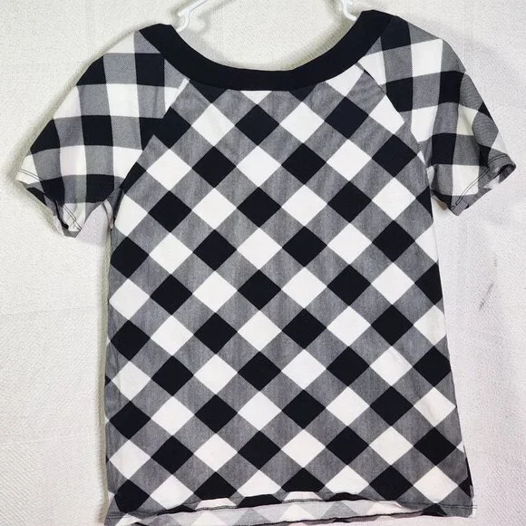 Justice Black White Check SS Black Sequin Bow Neckline Cotton Span Top Size 18 - Picture 8 of 16